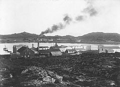 Brettesnes i Vågan kommune med landets første sildolje og sildemjølsfabrikk, etablert i 1884.  Foto: Lofotmuseet.