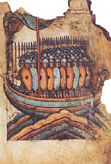 Vikinger går til angrep i Frankrike. Fra et fransk håndskrift fra omkring 1100. Leidangsskip malt i initialen til Landevernbolken i Landsloven i lovhåndskriftet Codex Hardenbergianus fra første halvdel av 1300-tallet.